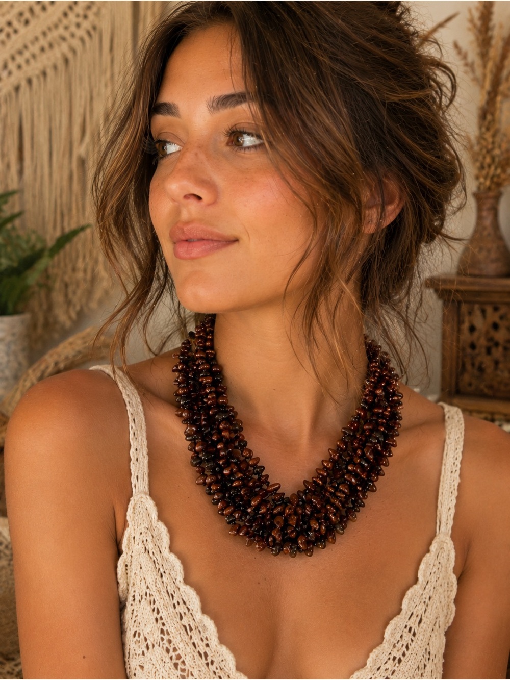 Mahogany Obsidian Multi Strand Natural Stone Necklace Boho